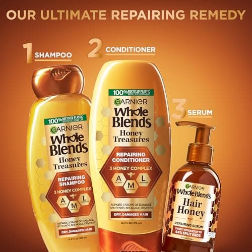 Garnier Whole Blends Honey Treasures Repairing Shampoo, Conditioner + Miracle Nectar Leave-In Set for Dry, Damaged Hair (3 Items), 1 Kit (Packaging May Vary) - Image 8