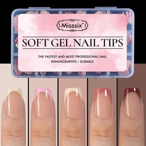 Misssix XBASICTIPS French Tip Press On Nails, 150 Pcs Short Square French Gel Nail Tips, Soft Gel Soak Off Pre-shaped No File Need Fake Nails for Nail Art DIY 15 Sizes