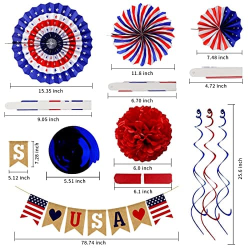 26Pcs Patriotic Decorations 4th of July Decorations LOVE USA Banner Red White Blue Paper Fans Star Streamer Pom Poms Hanging Swirls for Veterans Labor Presidents Flag Memorial Day - Image 2
