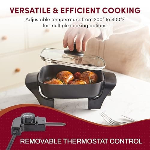 Elite Gourmet EG808 8” x 8" Non-stick Electric Skillet, Dishwasher Safe with Tempered Glass Vented Lid, Rapid Heat Up, 600W, Black - Image 5