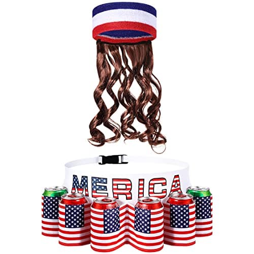 Canlierr 2 Pcs 4th of July Patriotic Beverage Beer Belt Holder and Mullet Wigs Headband Wig USA American Flag Beer Gift for Men Christmas Halloween Costume