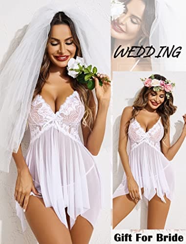 Avidlove Wedding Lingerie for Bride Lace Babydoll Sexy Lace Sleepwear for Women, White, Medium - Image 9