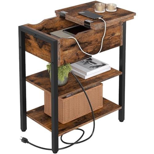 HOOBRO End Table with Charging Station, Narrow Side Table, Flip Top Nightstand with USB Ports and Outlets, Bedside Tables with Shelf for Small Spaces, Living Room, Rustic Brown BF341BZ01
