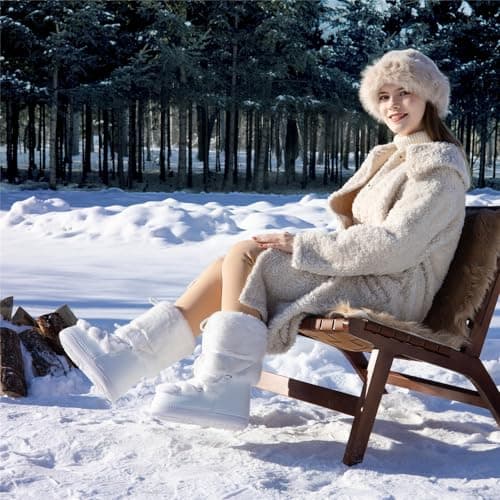 ZHENAIYISHENG Faux Fur Boots for Women - Fuzzy Fluffy Furry Water Resistant Snow Boots for Women - Anti-Slip with Cotton Sponge Lined and TPR Rubber Sole Black White Fur Boots white 8 9 - Image 2