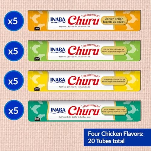 INABA Churu Cat Treats, Lickable, Squeezable Creamy Purée Cat Treat with Green Tea Extract & Taurine, 0.5 Ounces Each Tube, 20 Tubes, Chicken Variety Box - Image 4