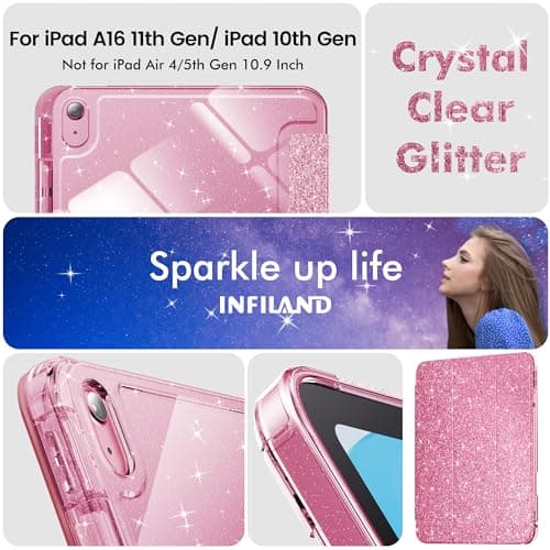 INFILAND Compatible with iPad A16 11th Generation 11 Inch 2025 Case, iPad Case 10th Generation 10.9 Inch, Glitter Cover with Sparkly Clear Back, Pencil Holder, for Kids Girls (Rose Pink) - Image 8