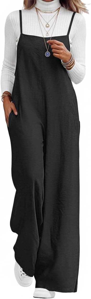 Lepunuo Womens Casual Loose Jumpsuits Summer Boho Wide Leg Rompers Sleeveless Overalls with Pockets A - Black Large - Image 2