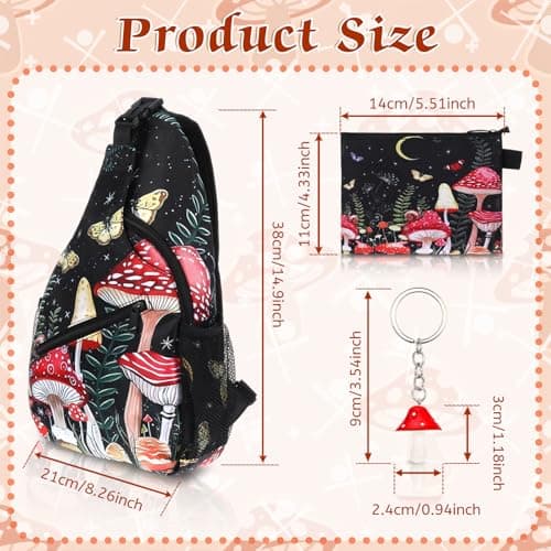cobee 3 Pcs Mushroom Sling Backpack Set, Adjustable Crossbody Shoulder Bag Multi-pocket Chest Bag with Mushroom Purse Keychain for Men Women, Travel, Hiking, Casual Sport, Climbing, Runners - Image 6