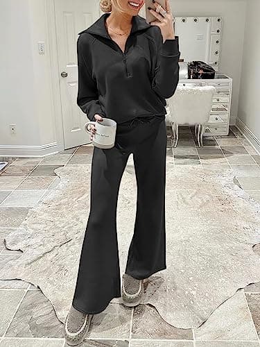 ANRABESS Women 2 Piece Outfits 2025 Fall Fashion Airport Wide Leg Pants Lounge Set Leisure Travel Vacation Clothes Sweatsuits Black Medium - Image 9