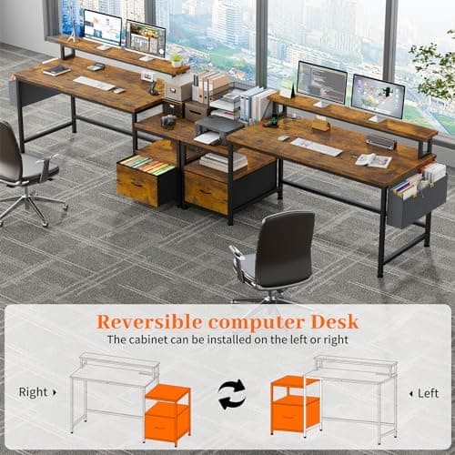 EnHomee 57" Office Desk with Drawers and Printer Space,Computer Desk with Power Outlets,Home Office Desks with File Drawers Cabinet,Study and Gaming Desk with Shelves Monitor Stand,Rustic Brown - Image 6
