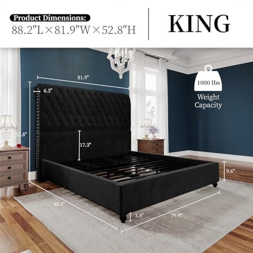 PaPaJet King Bed Frame Upholstered Platform Bed Frame with 52.8'' Tall Sleigh Headboard, Button Tufted, No Box Spring Needed, Easy Assembly, Black - Image 2