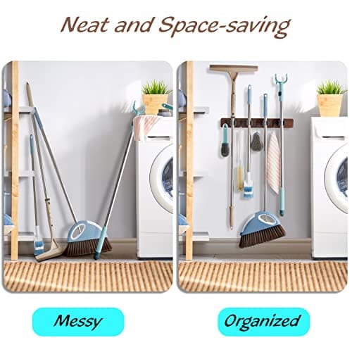 OUTNILI Mop and Broom Holder Wall Mount - Rustic Wood Broom Mop Hanger - Wall Mounted Garden Tool Rack Organizer for Closet Garage Laundry Room Kitchen Decor With 4 Slots & 4 Hooks - Image 3