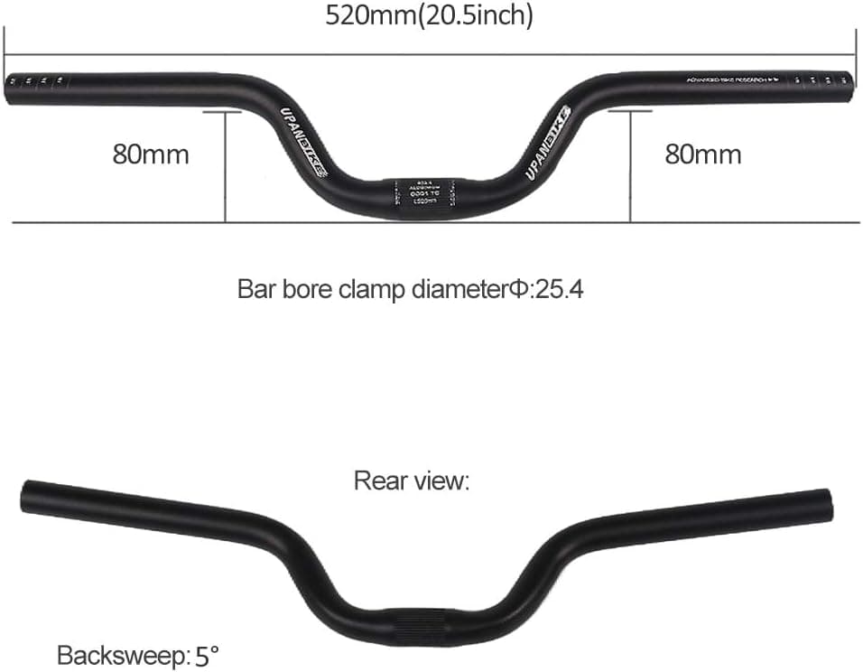 UPANBIKE 25.4mm Bike Handlebar Riser 80mm Aluminum Alloy 520mm Length for Fixed Gear Bike Road Bicycle(Black) - Image 3