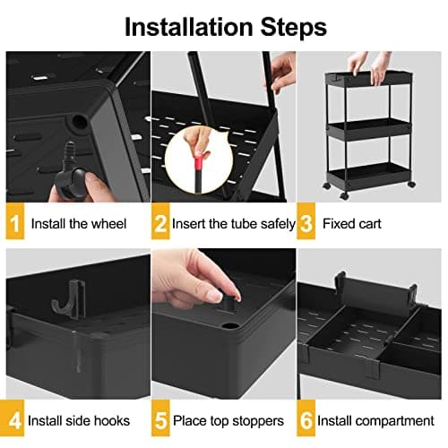SPACELEAD Slim Storage Cart 3 Tier,Bathroom Organizer Rolling Utility,Mobile Shelving Unit Slide Out for Office, Kitchen, Laundry Room & Narrow Places,Black - Image 5