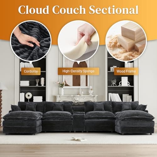HYJT-H&K 145" U Shaped Cloud Couch Modular Dark Grey Sectional Couches for Living Room, Comfy Fluffy Corduroy Oversized Cloud Sectional Couch Large 6 Seat Sectionals Sofa Set Central Console USB Port - Image 5
