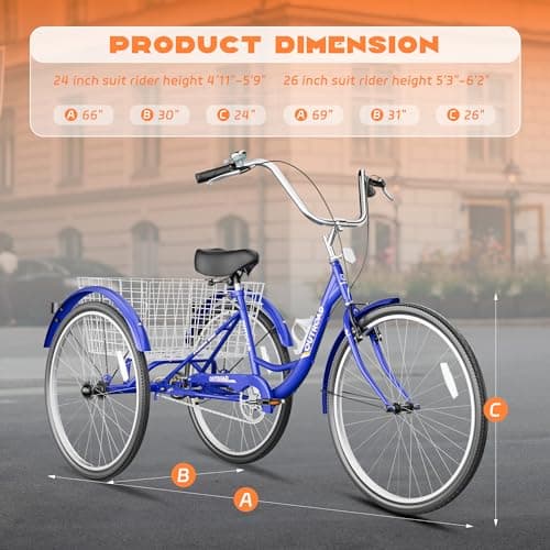 Adult Tricycle with Large Basket 24/26 Inch, Stable 3-Wheel Cruise Bicycle for Shopping, Beach and City Trike Perfect for Men, Women, Seniors(24 Blue) - Image 5
