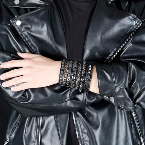 Eigso 3 Pcs Oldschool Cool Punk Steampunk Studded Spikes Rivets Vintage Leather Wide Bracelets for Men and Women with Adjustable Buckle - Image 6
