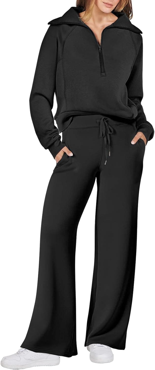 ANRABESS Women 2 Piece Outfits 2025 Fall Fashion Airport Wide Leg Pants Lounge Set Leisure Travel Vacation Clothes Sweatsuits Black Medium - Image 2