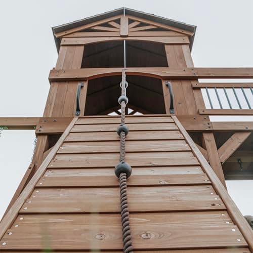 Backyard Discovery Sterling Point Cedar Wood Swing Set with Wave Slide, Raised Clubhouse, Wooden Bridge, Rock Wall, Belt Swings, Web Swing, Trapeze, Balcony, Climbing Wall, Ladder, Outdoor Playset - Image 7