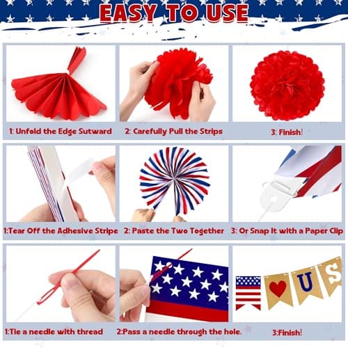 26 PCS 4th of July Decorations, Red White Blue Paper Fans in Patriotic Designs, 4th of July Banner Pompom Star Garland and Hanging Swirls Set for Fourth of July Independence Day Party Supplies Decor - Image 4