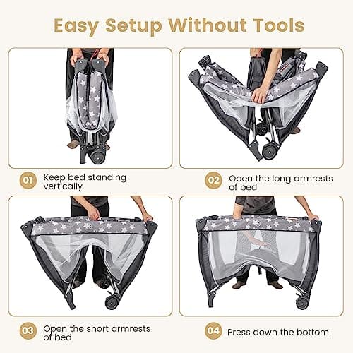 Costzon 3 in 1 Pack and Play with Bassinet, Portable Baby Playard with Changing Table, Music Box, Whirling Toys, Wheels/Brake, Basket, Bag, Foldable Infant Bassinet for Baby Toddlers Indoor Outdoor - Image 8