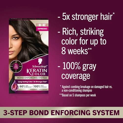 Schwarzkopf Keratin Color Permanent Hair Color, 3.0 Espresso, 1 Application - Professionally Inspired Permanent Hair Dye, for up to 80% Less Breakage vs Untreated Hair and up to 100% Gray Coverage - Image 2