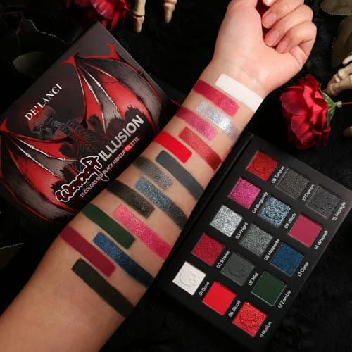 DE'LANCI Red Black Goth Eyeshadow Palette, Red Eyeshadow Goth Makeup Palette, Gray Silver Shimmer Glitter Eye shadow Pallet, Burgundy Eye Shadow for Vampire Clown Halloween Makeup,High Pigment,Vegan - Image 6