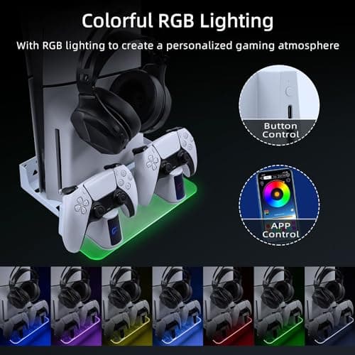 Mcbazel Wall Mount Kit with Charging Station Compatible with PS5/PS5 Slim, Dual Controller Charger, Headphone Hanger, Multi-Mode RGB Light - White - Image 5