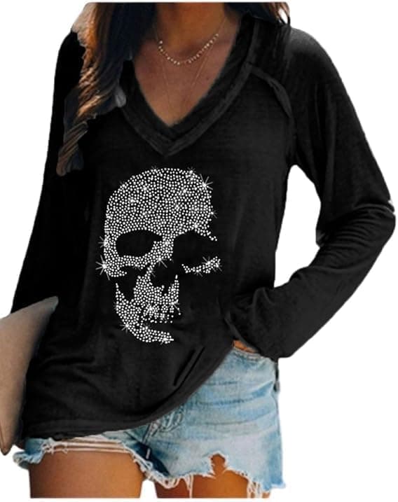 Fronage Womens Rhinestone Skull Tank Tops Long Short Sleeve Summer V Neck Sleeveless Shirts Long-black X-Large - Image 2