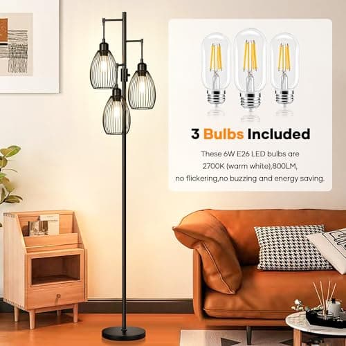 Dimmable Floor Lamp, 3 x 800LM LED Edison Bulbs Included, Farmhouse Industrial Floor Lamp Standing Tree Lamp with Elegant Teardrop Cage Tall Lamps for Living Room Bedroom Office Dining Room-Black - Image 4