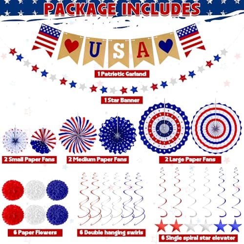 26 PCS 4th of July Decorations, Red White Blue Paper Fans in Patriotic Designs, 4th of July Banner Pompom Star Garland and Hanging Swirls Set for Fourth of July Independence Day Party Supplies Decor - Image 3