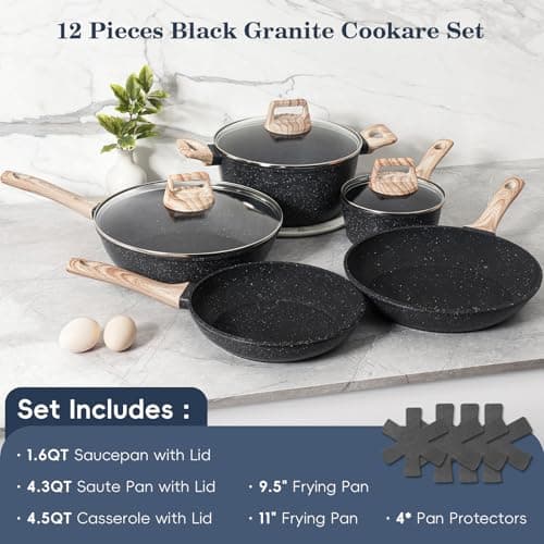 SODAY 12 Pcs Pots and Pans Set Non stick, Cookware Sets Black Granite Induction Cookware, Non-toxic Healthy Nonstick Kitchen Cooking Set with Frying Pans Set, Saucepans (PFAS/PFOA/PFOS Free) - Image 3