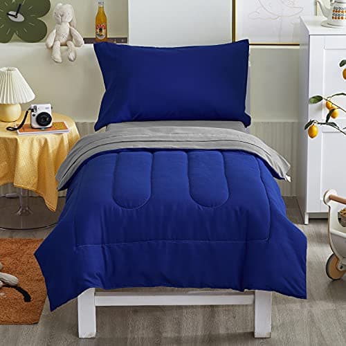 4 Pieces Toddler Bedding Set Ultra Soft and Breathable Toddler Comforter Sheet Set for Autumu and Winter- Includes Warm Comforter, Flat Sheet, Fitted Sheet and Pillowcase - Royal Blue & Gray - Image 2
