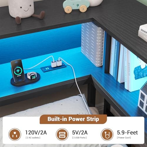 Hasuit Twin Corner Bed Frame with Storage Bookcase, Twin Day Bed with Storage Drawers, Metal Platform Bed with Charging Station and LED Lights, Convertible Corner Beds for Kids Teens Guests, Black - Image 6
