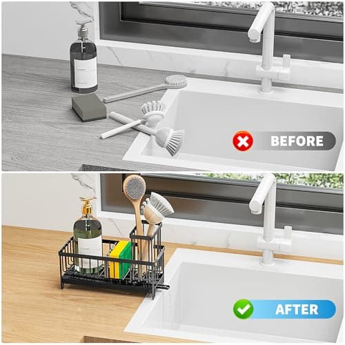 Cisily Black Sponge Holder for Kitchen Sink, Sink Caddy Organizer with High Brush Holder, Kitchen Countertop Organizers and Storage Essentials, Rustproof 304 Stainless Steel, Soap Dispenser Organize - Image 6