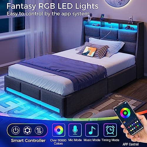 Rolanstar Twin Size Bed Frame with LED Lights and Charging Station, Upholstered Bed Storage Headboard & Drawers, Heavy Duty Wood Slats, Easy Assembly - Image 3