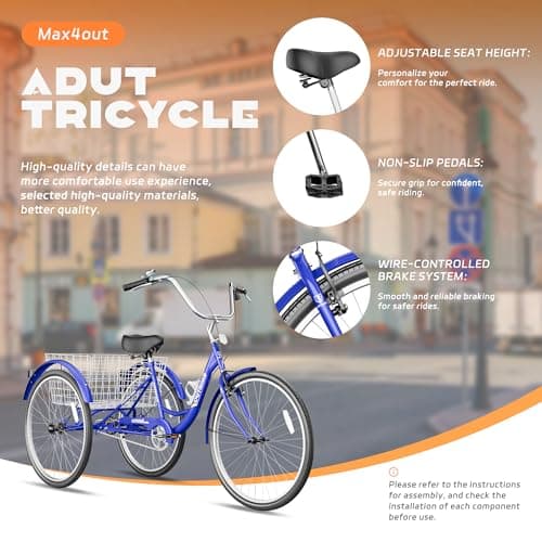 Adult Tricycle with Large Basket 24/26 Inch, Stable 3-Wheel Cruise Bicycle for Shopping, Beach and City Trike Perfect for Men, Women, Seniors(24 Blue) - Image 3