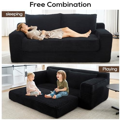 GNIXUU Corduroy Cloud Loveseat Sofa, 2 in 1 Convertible Sleeper Sofa with Fixed-Shape Frame, Comfy Folding Boneless Love Seat Couches for Living Room, Apartment, Small Spaces Black - Image 3