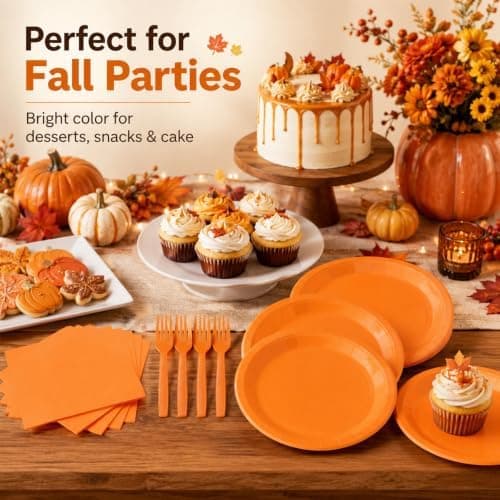 Amazon.com: 75Pcs Orange Paper Plates and Napkins for Fall Birthday | 7inch Party Supplies Set Disposable Party Supplies Includes Paates Napkins Forks Decorations for Pumpkin,Birthday,Halloween : Health & Household - Image 8