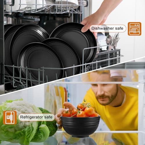 72 Pcs Plates and Bowls Sets, Unbreakable Wheat Straw Dinnerware Set Service for 8, Plastic Dish Set, Reusable Plates Bowls Cups for Kitchen, Camping, Outdoor, Dorm Microwave & Dishwasher Safe, Black - Image 6