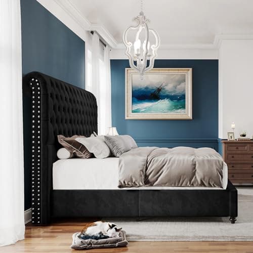 PaPaJet King Bed Frame Upholstered Platform Bed Frame with 52.8'' Tall Sleigh Headboard, Button Tufted, No Box Spring Needed, Easy Assembly, Black - Image 6