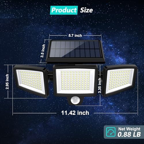 Tuffenough Solar Outdoor Lights 2500LM 210 LED Security Lights with Remote Control,3 Heads Motion Sensor Lights, IP65 Waterproof,270° Wide Angle Flood Wall Lights with 3 Modes(2 Packs) - Image 3