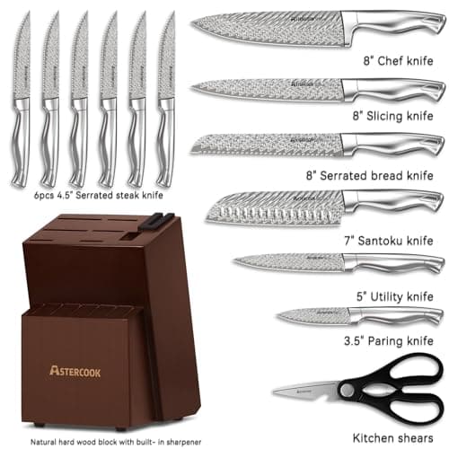Astercook Knife Set, 15-Piece Kitchen Knife Set with Block, Built-in Knife Sharpener, German Stainless Steel Knife Block Set, Dishwasher Safe - Image 2