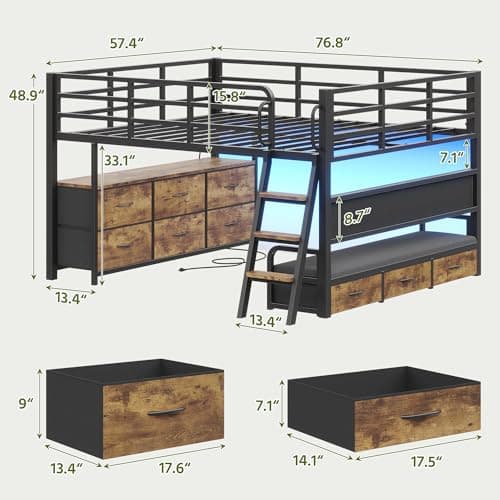 Dnxao Full Size Low Loft Bed with Desk,Full Size Bed Frame with 9 Storage Drawers, Kids Loft Bed with 15.8" H Safety Guardrail,Sofa,LED Lights & Charging Station,No Box Spring Needed,Rustic Brown - Image 2