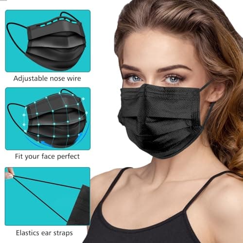 ZTANPS 100 PCS Disposable Face Masks, Black Disposable Masks, 3 Ply Protection Face Masks - Image 3