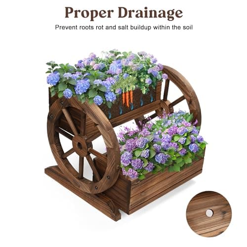 OIPRTGFJ Wooden Wagon Planter Box, Garden Planter with Wheels,Decorative Planter for Flowers Herbs Vegetables for Indoor & Outdoor Décor, Flower Cart for Patio Garden Balcony - Image 3