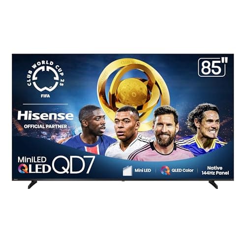 Hisense 85" Class QD7 Series Mini-LED 4K UHD Smart Fire TV (85QD7QF, 2025 Model) - QLED, Native 144hz, HDR10+, Dolby Vision, Dolby Atmos, Game Mode Pro, ALLM, Alexa Built in with Voice Remote, Black