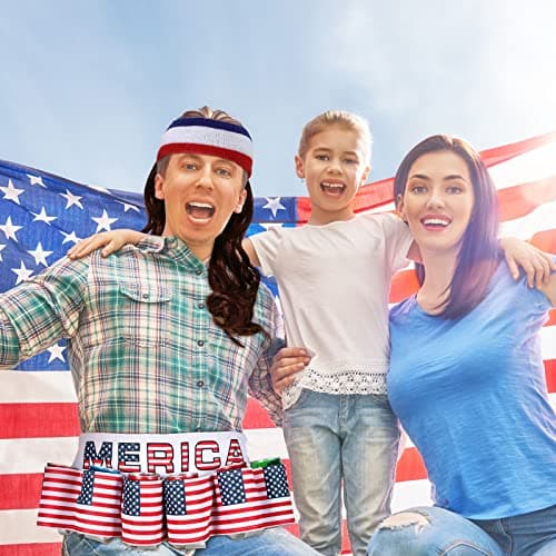 Canlierr 2 Pcs Halloween Costume America Beverage Beer Belt Holder and Mullet Wigs Headband 4th of July Patriotic USA Flag Beer Gift for Men Christmas - Image 6