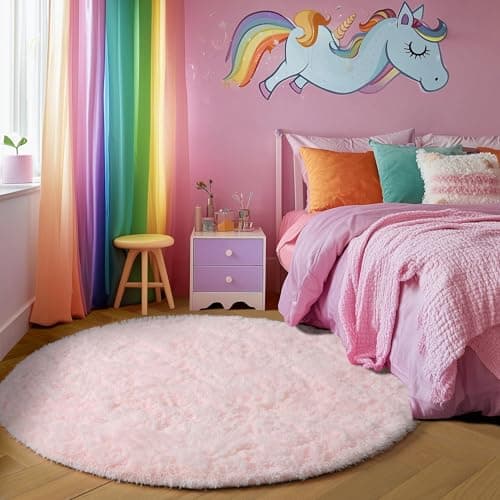 Amdrebio Light Pink Round Rug 4Ft for Girls Bedroom, Fluffy Circle Area Rugs for Kids Room Decor Aesthetic, Cute Shag Fuzzy Carpet for Nursery, Preppy Dorm, Classroom, Playroom, Teen, Baby, Washable - Image 7