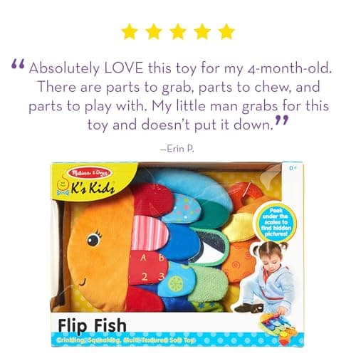 Melissa & Doug K’s Kids, Flip Fish Stuffed Animal, Soft Baby Book, Multi-Textured Squeaking & Crinkling Infant Sensory Toys for Babies with Baby Mirror, Tummy Time Toys for Infants Ages 0–9 Months - Image 9